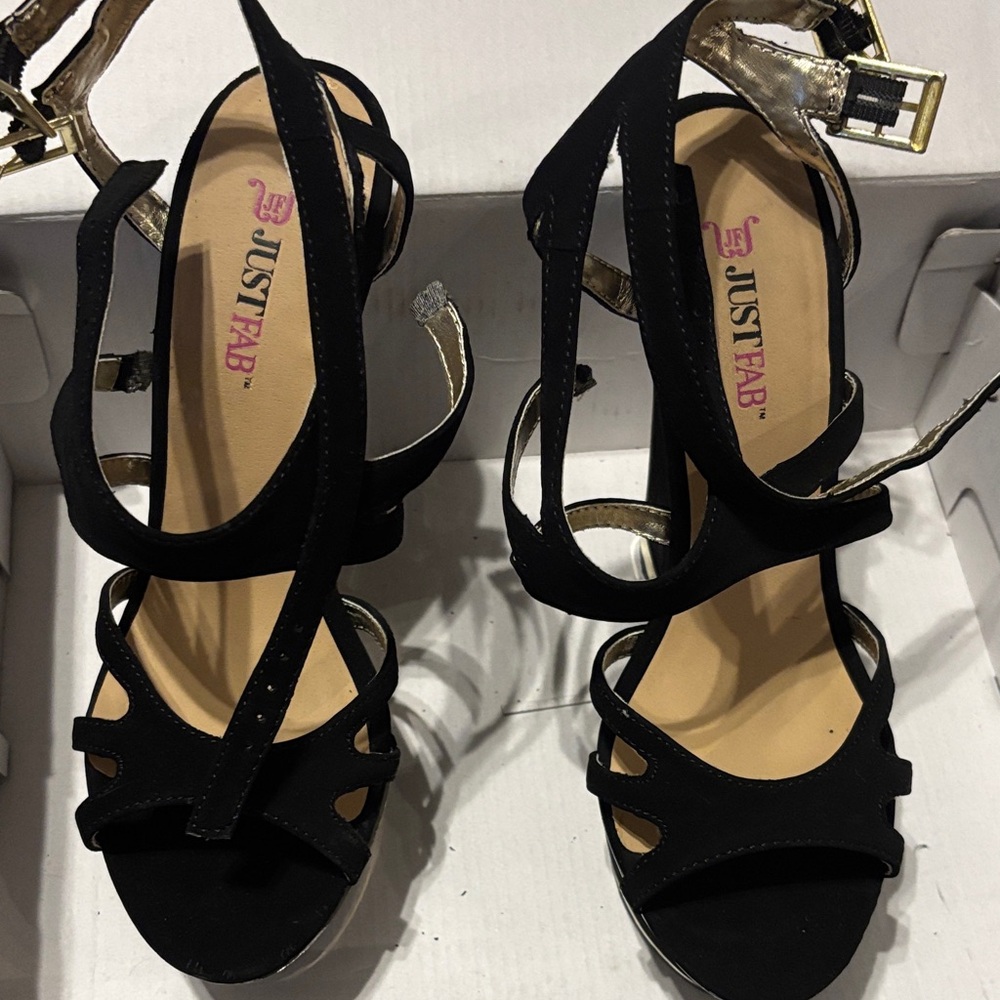 JustFab Black and Gold Strappy Heels